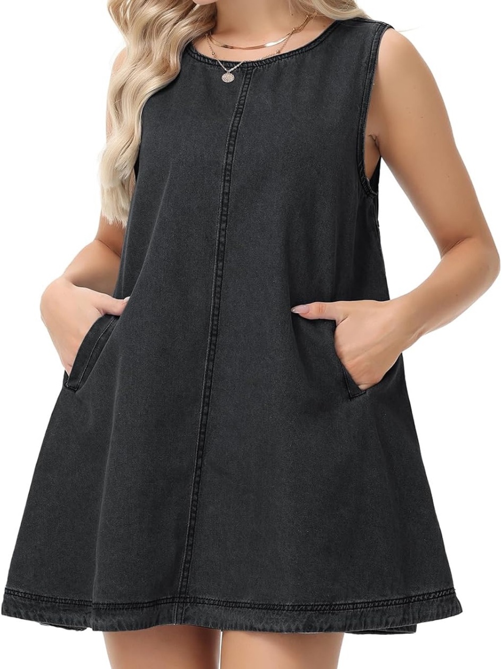 Sleeveless Washed Black Denim Pocket Dress